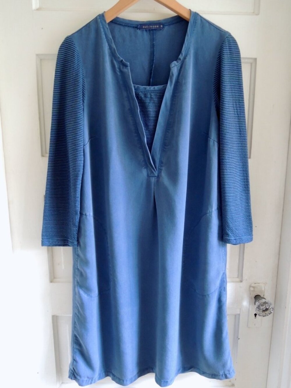 Cut Loose Blue Flowy Stripe Sleeve Mixed Media Dress M